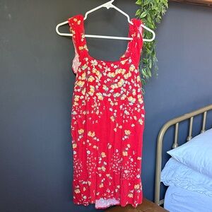 Lauren Conrad Linen Lemon Floral Red Sleeveless Dress with Tie in Back